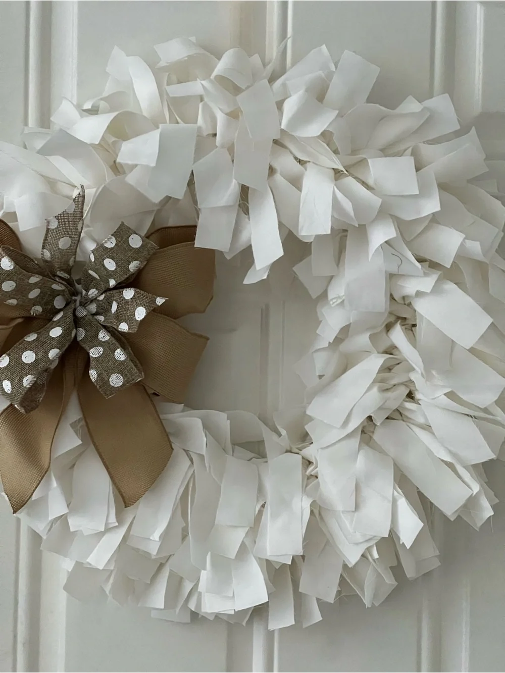 Neutral White Fabric Holiday Wreath with Tan Polka Dot Bow